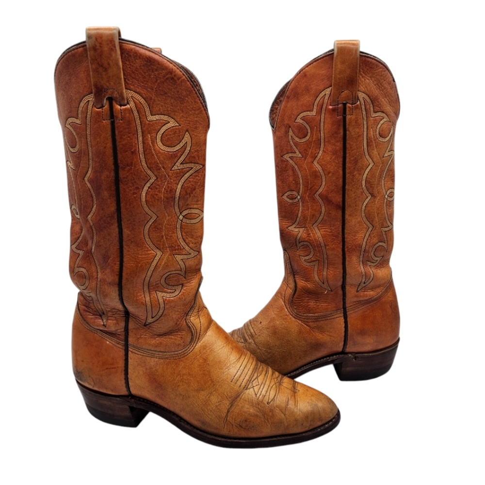 Vintage Texas Brand Embossed Leather Cowboy Boots Size Mens 9D USA